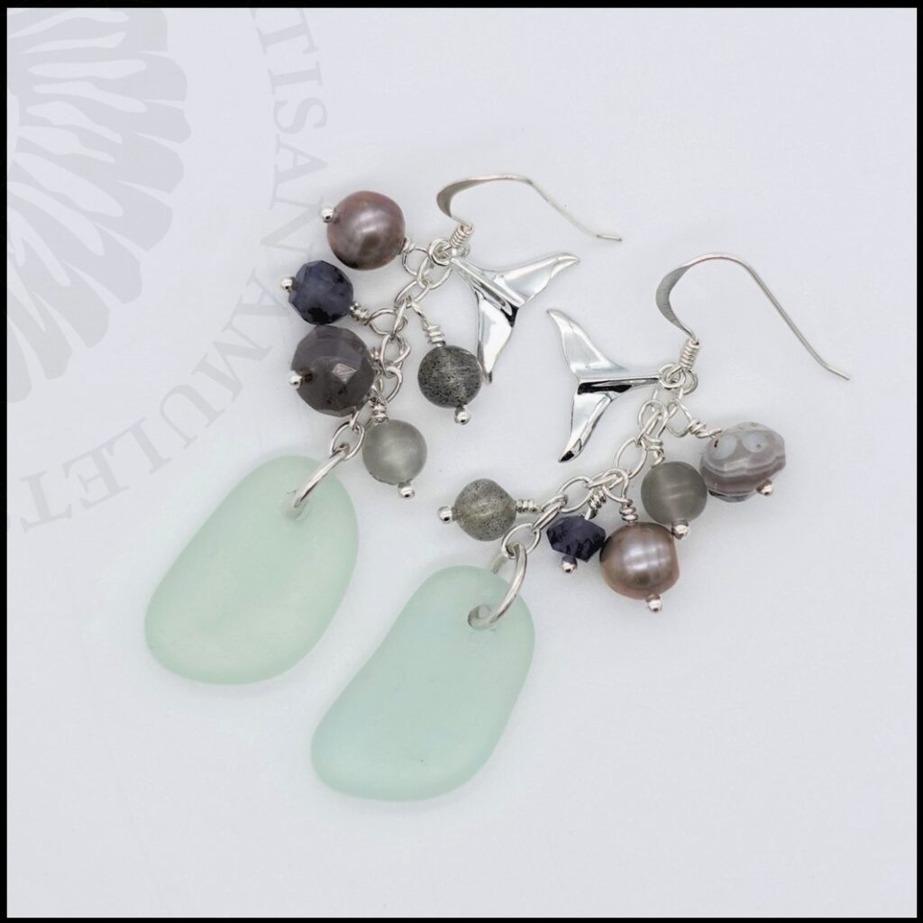 925 sterling silver, seaglass and multi gemstone earrings with whale tail charms