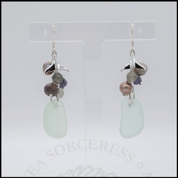 925 sterling silver, seaglass and multi gemstone earrings with whale tail charms