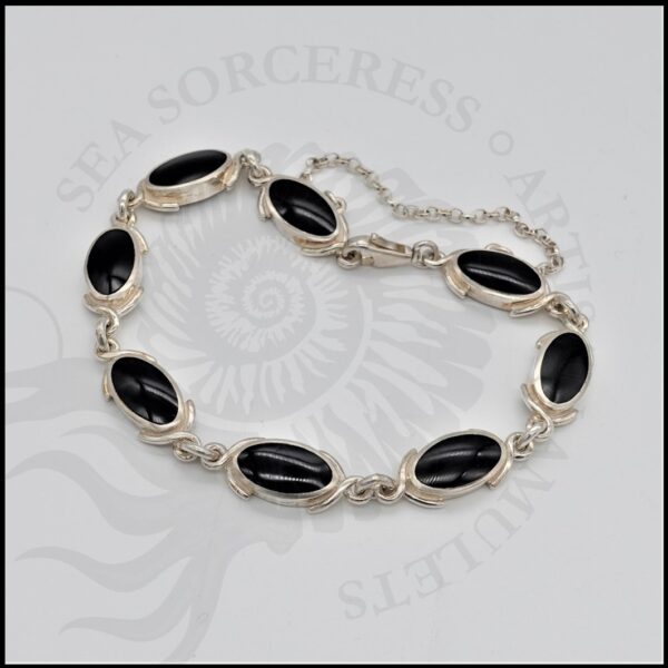 image of 925 sterling silver bracelet with whitby jet cabochons