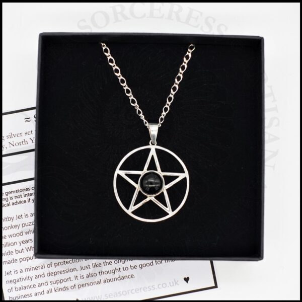 image of 925 sterling silver pentagram pendant with whitby jet centre