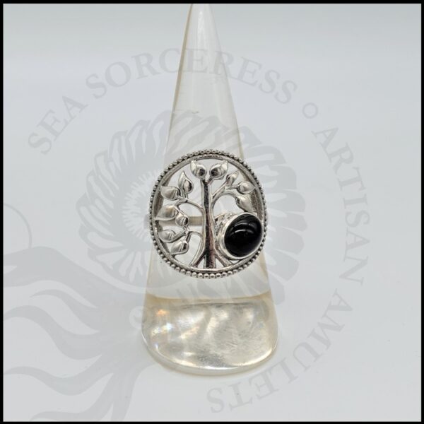 image of tree of life ring with whitby jet cabochon