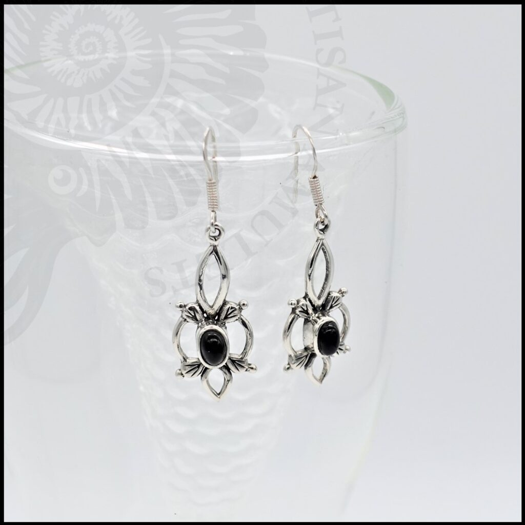 image of art nouveau style whitby jet and 925 sterling silver drop earrings