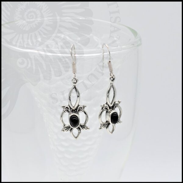 image of art nouveau style whitby jet and 925 sterling silver drop earrings