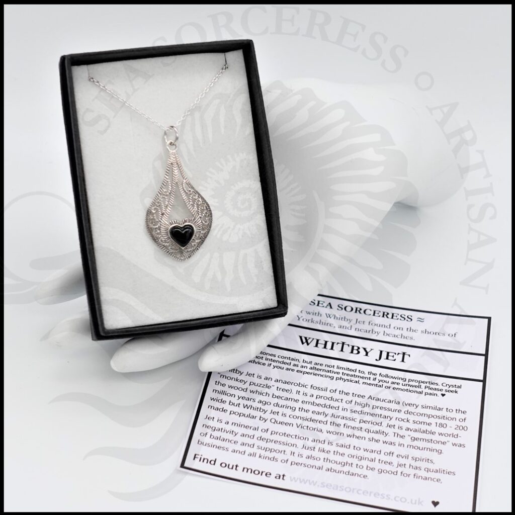 image of whitby jet feather style pendant in 925 sterling silver with chain