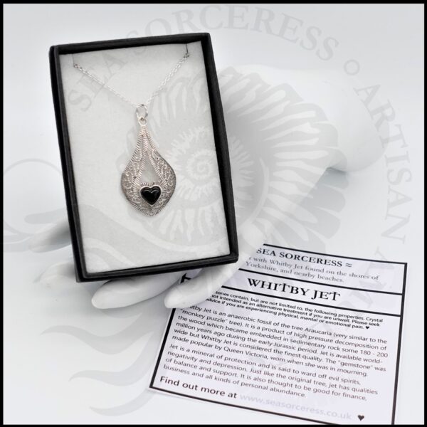 image of whitby jet feather style pendant in 925 sterling silver with chain