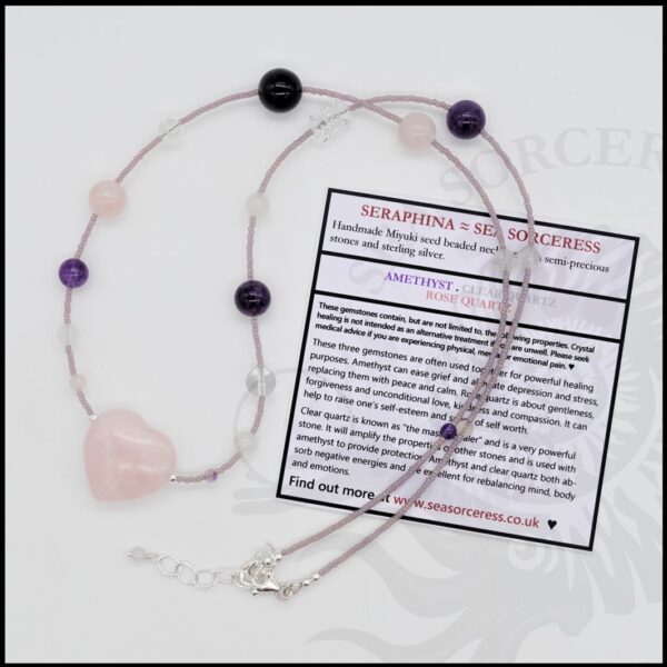 handmade necklace with rose quartz heart - help heal from grief