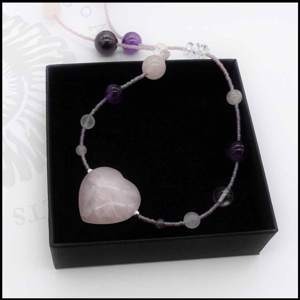 handmade necklace with rose quartz heart - help heal from grief