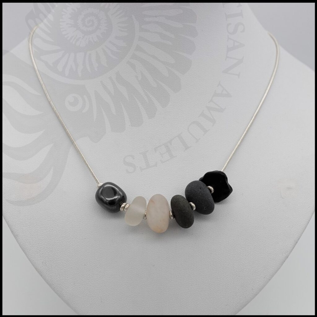 18 inch sterling silver snake chain with whitby jet, beach pebbles, seaglass and haematite