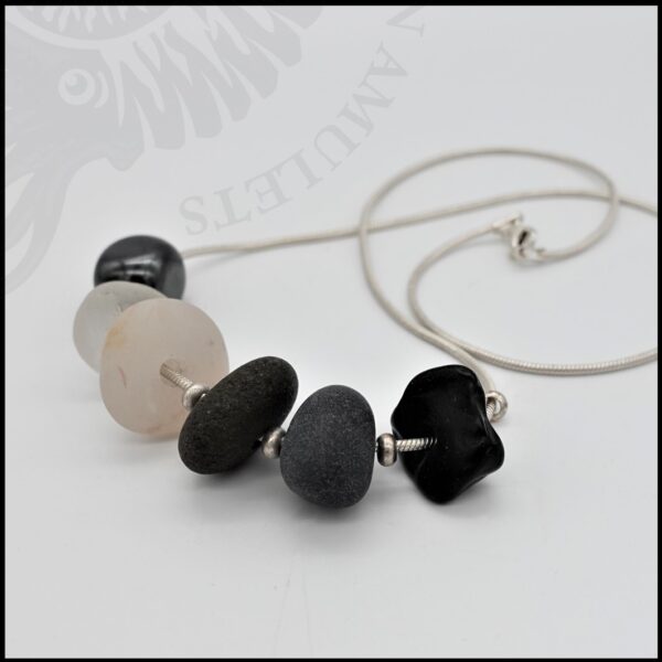 18 inch sterling silver snake chain with whitby jet, beach pebbles, seaglass and haematite