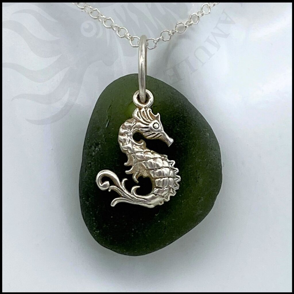 925 sterling silver seahorse and chain with deep green seaglass