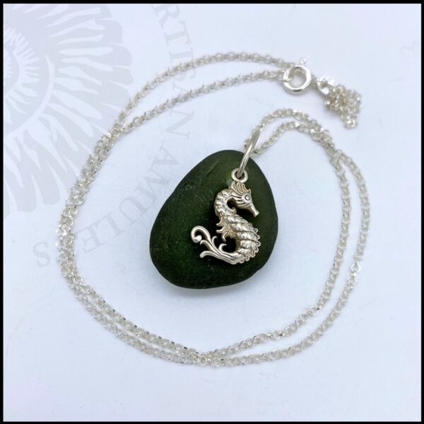 925 sterling silver seahorse and chain with deep green seaglass