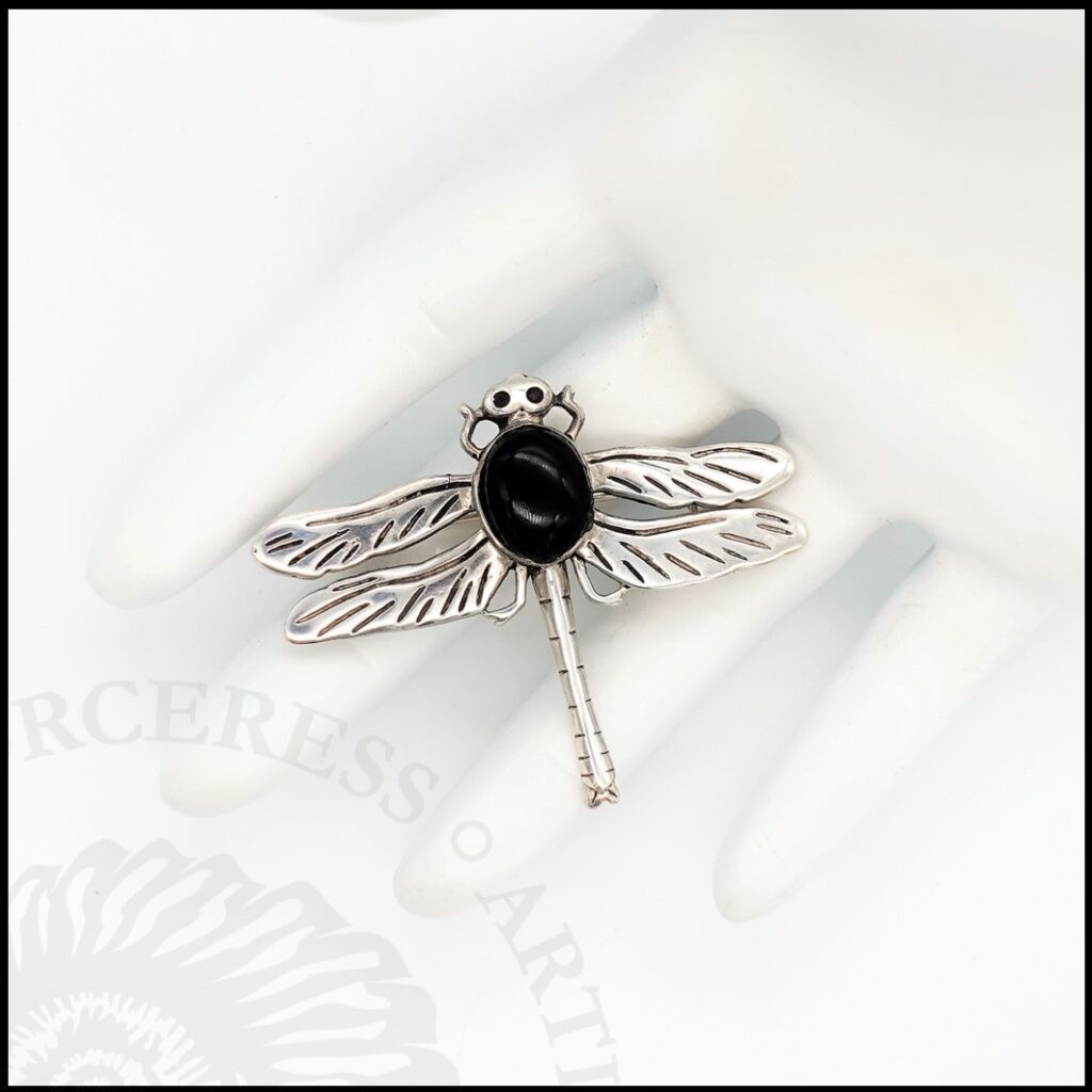 image of 925 sterling silver and whitby jet dragonfly brooch