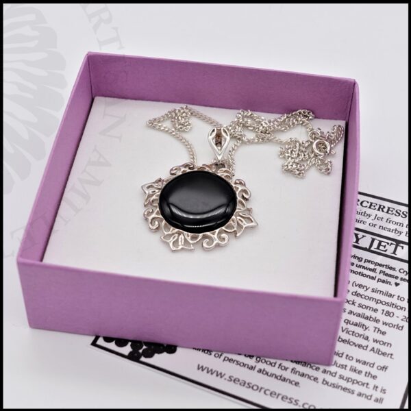 image of 925 sterling silver and whitby jet sunburst necklace