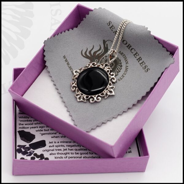 image of 925 sterling silver and whitby jet sunburst necklace