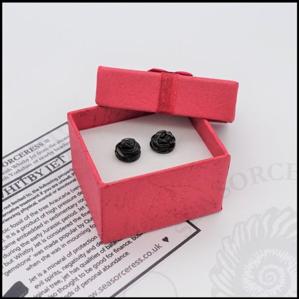 image of hand carved whitby jet rose shaped studs