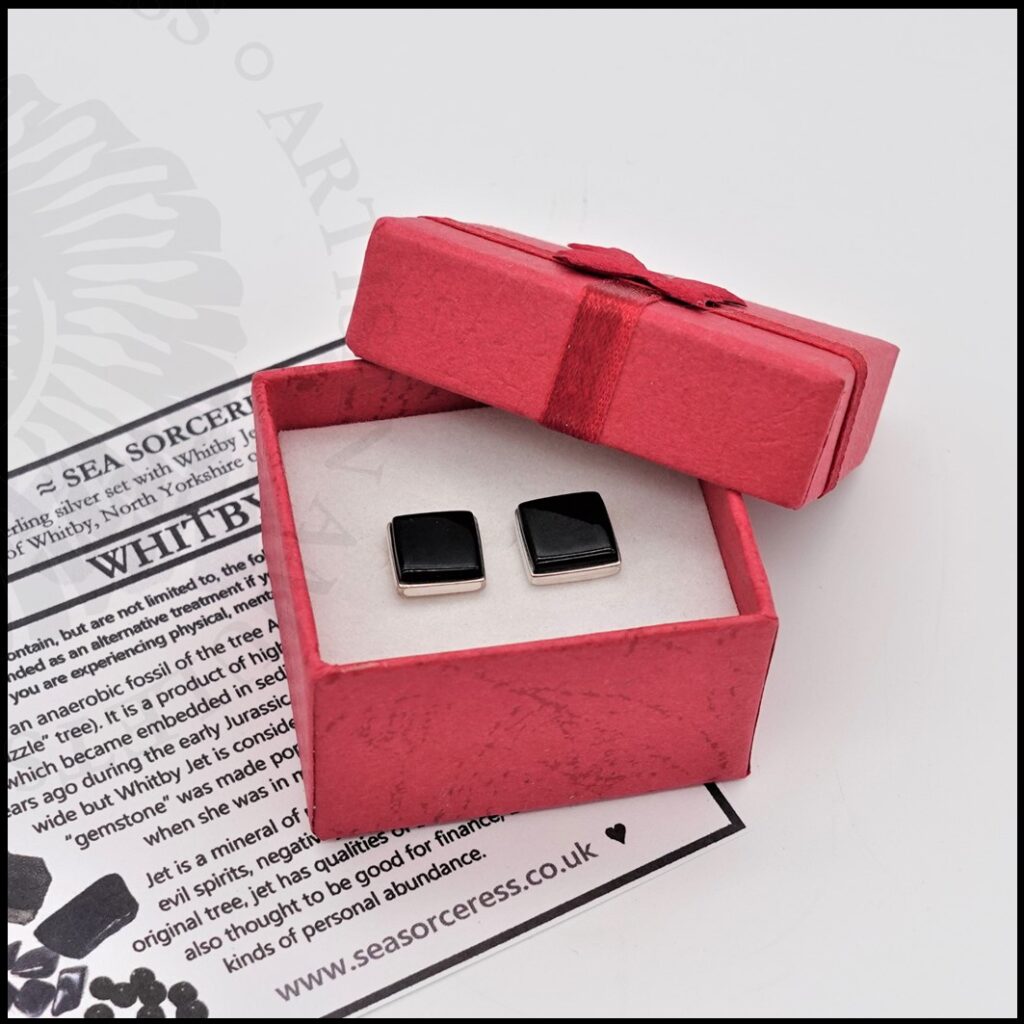 image of 10mm square 925 sterling silver whitby jet studs