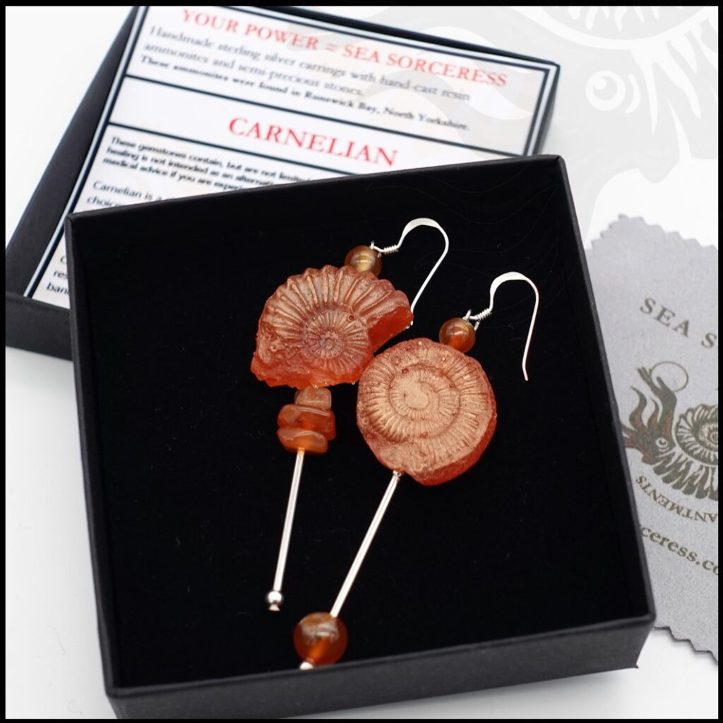 sterling sliver earrings with handmade resin ammonites and carnelian beads